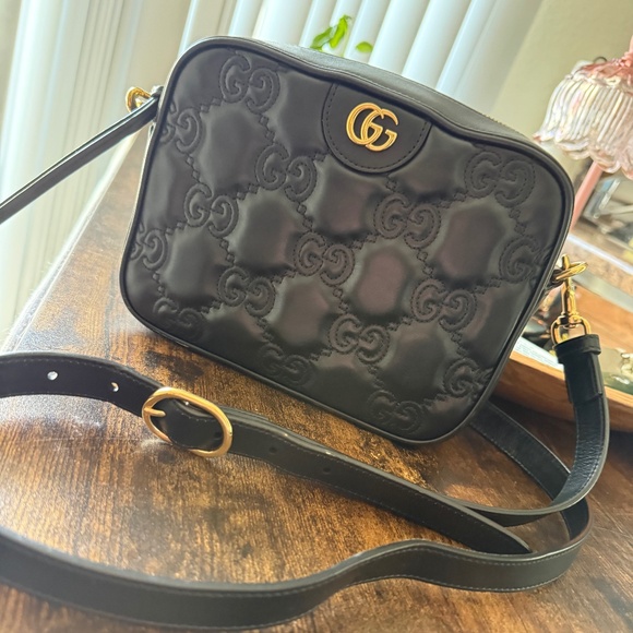 Gucci Handbags - Calfskin GG Matelasse Shoulder Bag Black Natural